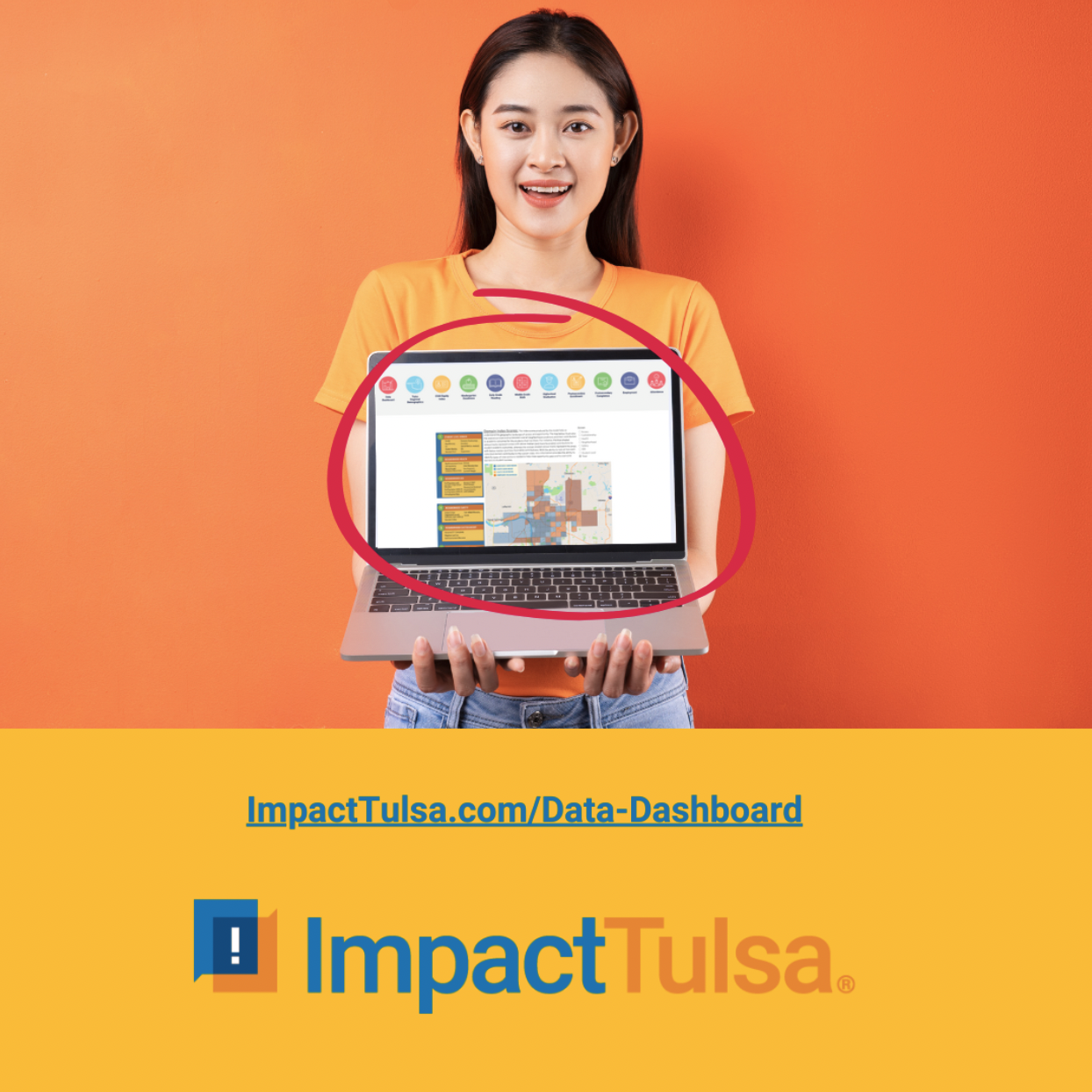 A teen girl holding up a laptop displaying Impact Tulsa's Data Dashboard.